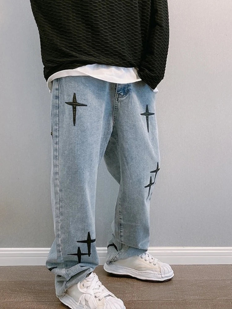 Prints Jeans Men 2023 New Streetwear Baggy Wide Leg Jeans Korean Fashion Drapes Straight Casual Loose Denim Cargo Pants - Tasawoq