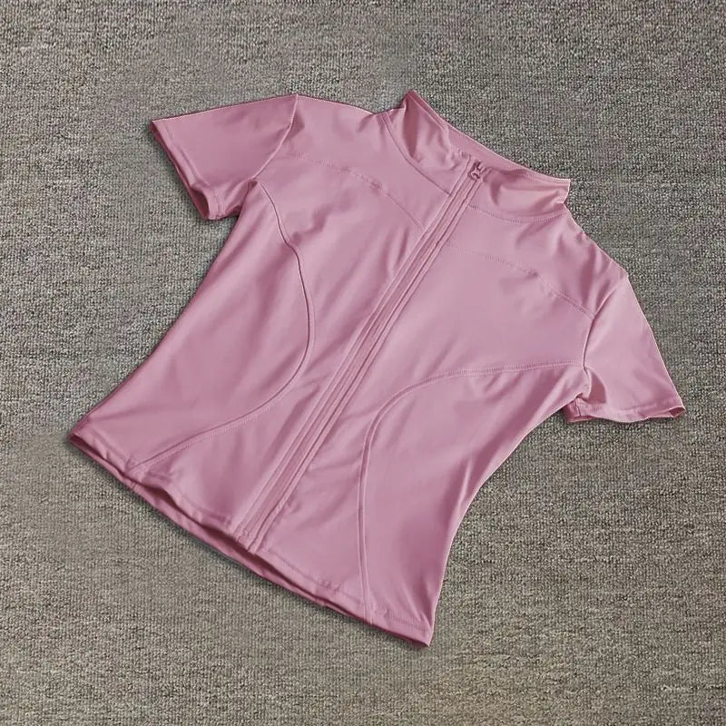 Summer High Quality Waist Slimming Training Tops Women's Quick-drying Tight Stand Collar Full Zipper Short Sleeves Yoga shirts - Tasawoq