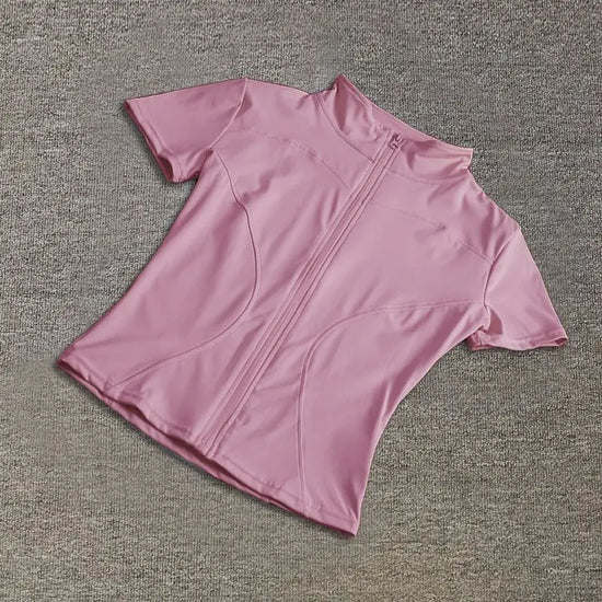 Summer High Quality Waist Slimming Training Tops Women's Quick-drying Tight Stand Collar Full Zipper Short Sleeves Yoga shirts - Tasawoq