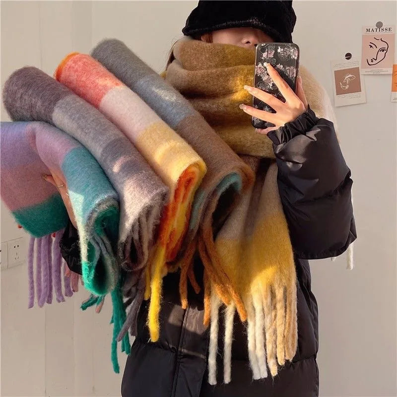 2025 Winter Thick Warm Scarf Women Cashmere Shawl and Wraps Pashmina Neckerchief Bufanda Female Rainbow Hairy Tessel Echarpe New - Tasawoq