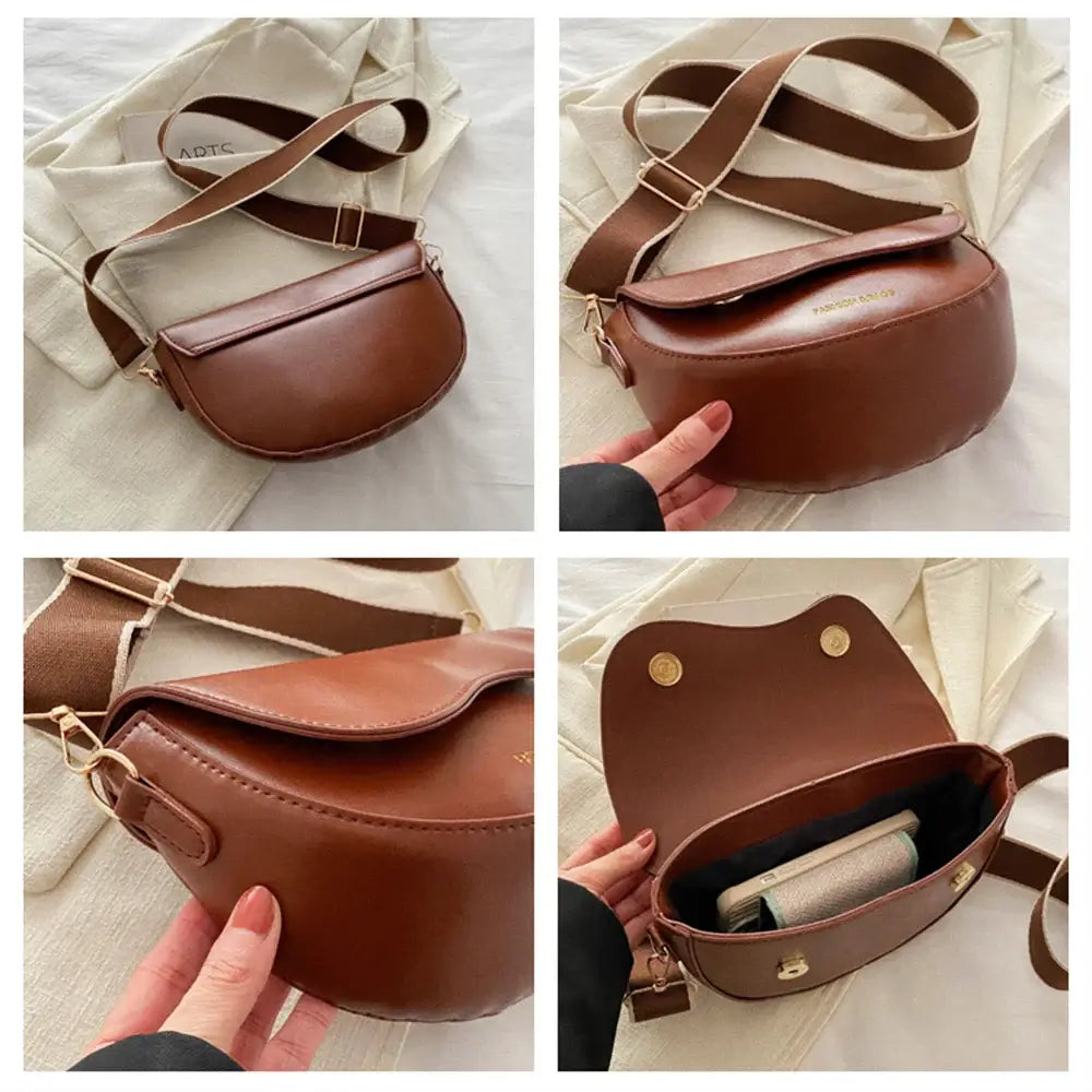 Women Vintage Solid Color Flap Small Saddle Shoulder Underarm Bag Fashion PU Leather Wide Strap Crossbody Bag Shoulder bag zwq - Tasawoq