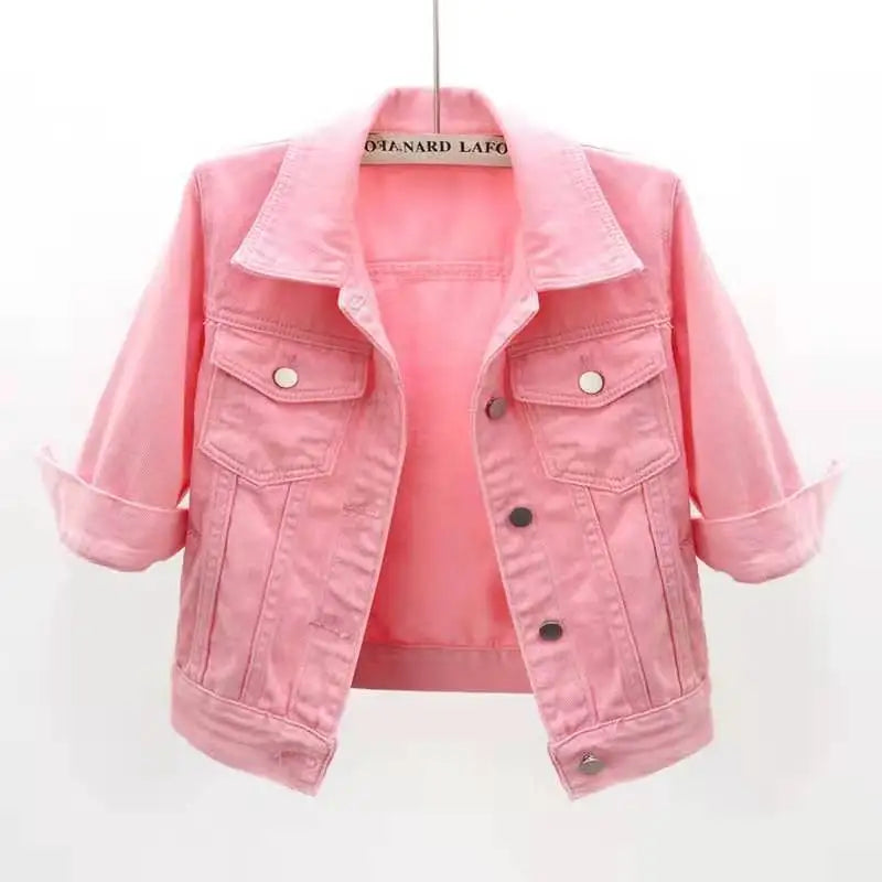 Women Denim Jacket Spring Autumn Short Coat Pink Jean Jackets Casual Tops Purple Yellow Purple Blue Loose Tops Lady Outerwear - Tasawoq