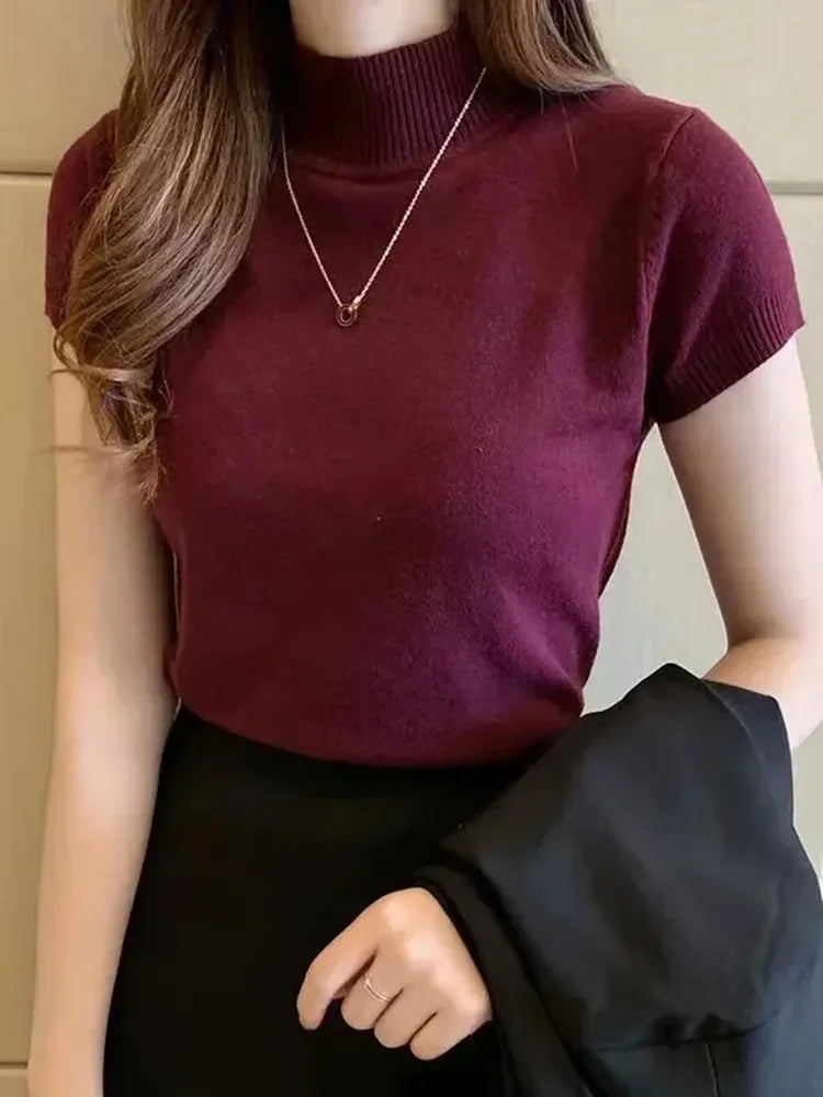 Women's Half-High Neck T-Shirt Fashion Jumper Casual Tops Korean Style Elegant Solid-Coloured Clothing Spring And Summer Season - Tasawoq