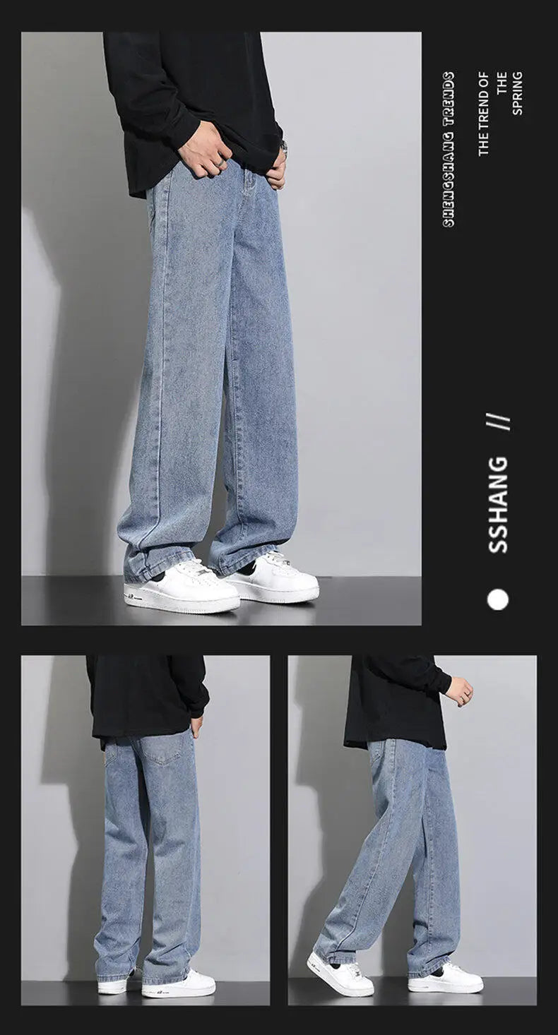 2025 New Korean Men's Casual Long Jeans Classic Man Straight Denim Wide-leg Pants Solid Color Light Blue Grey Black - Tasawoq