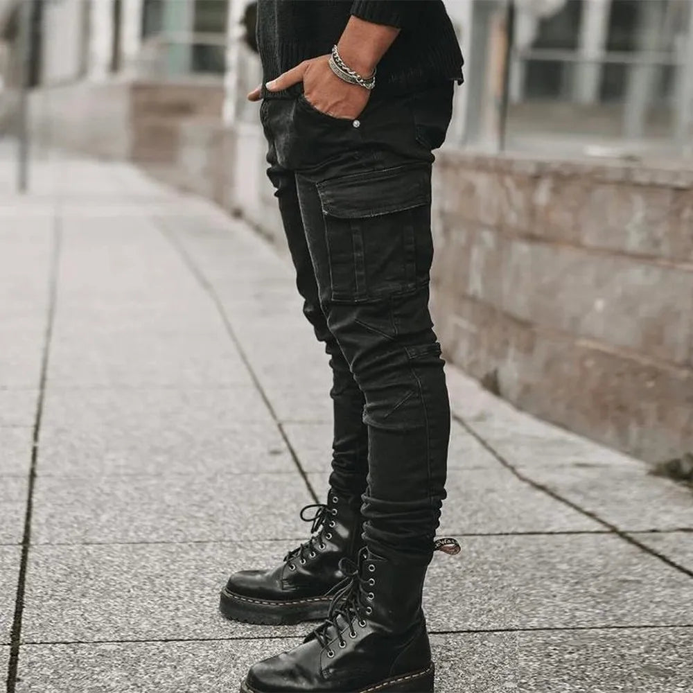 Street Elastic Jeans Men Denim Cargo Pants Wash Solid Color Multi Pockets Casual Mid Waist Trousers Slim Fit Daily Wear Joggers - Tasawoq