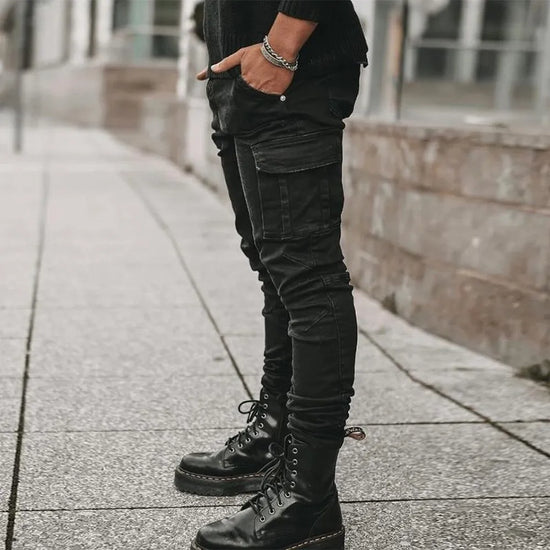 Street Elastic Jeans Men Denim Cargo Pants Wash Solid Color Multi Pockets Casual Mid Waist Trousers Slim Fit Daily Wear Joggers - Tasawoq