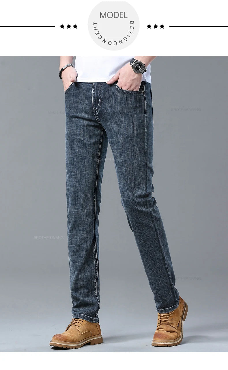 Spring Men's Light Blue Slim Jeans Stylish Casual Stretch Fabric Denim Pants Classic Trousers Smoke Gray - Tasawoq