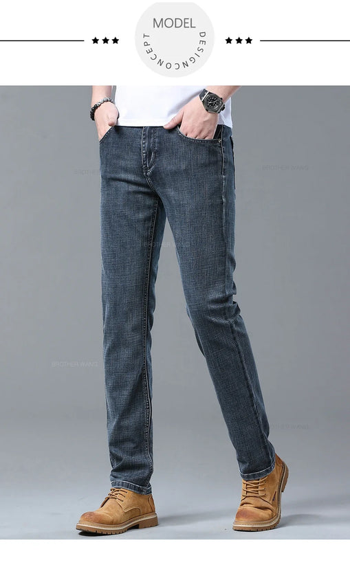 Spring Men's Light Blue Slim Jeans Stylish Casual Stretch Fabric Denim Pants Classic Trousers Smoke Gray - Tasawoq