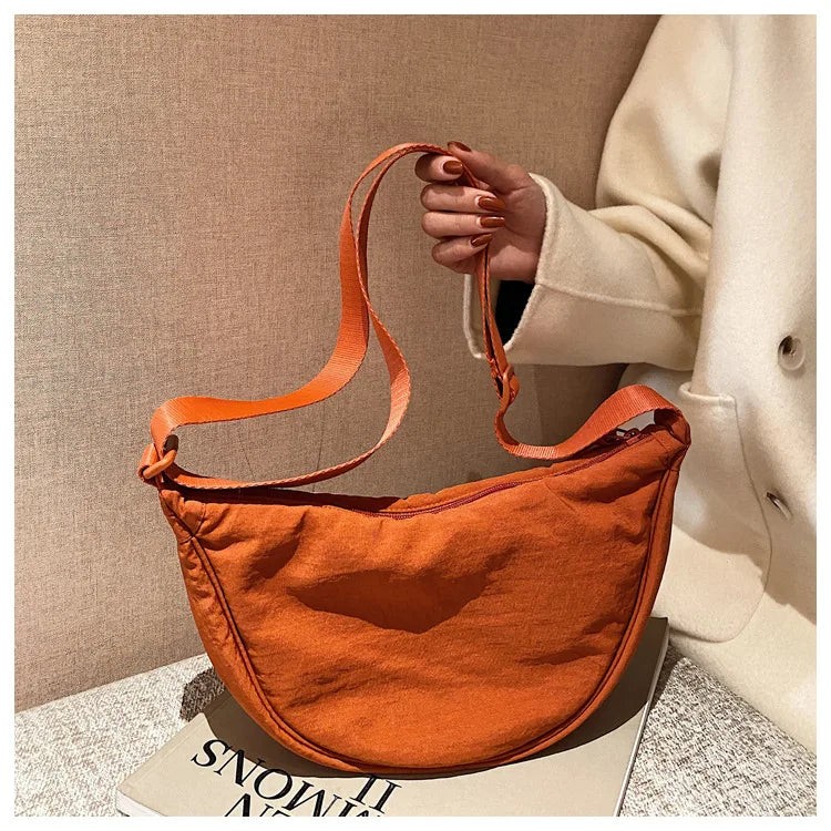 Solid Color Women's Portable Shoulder Bag Simple Female Nylon Cloth Padded Crossbody Bags Travel Purse Handbags Messenger Bag - Tasawoq