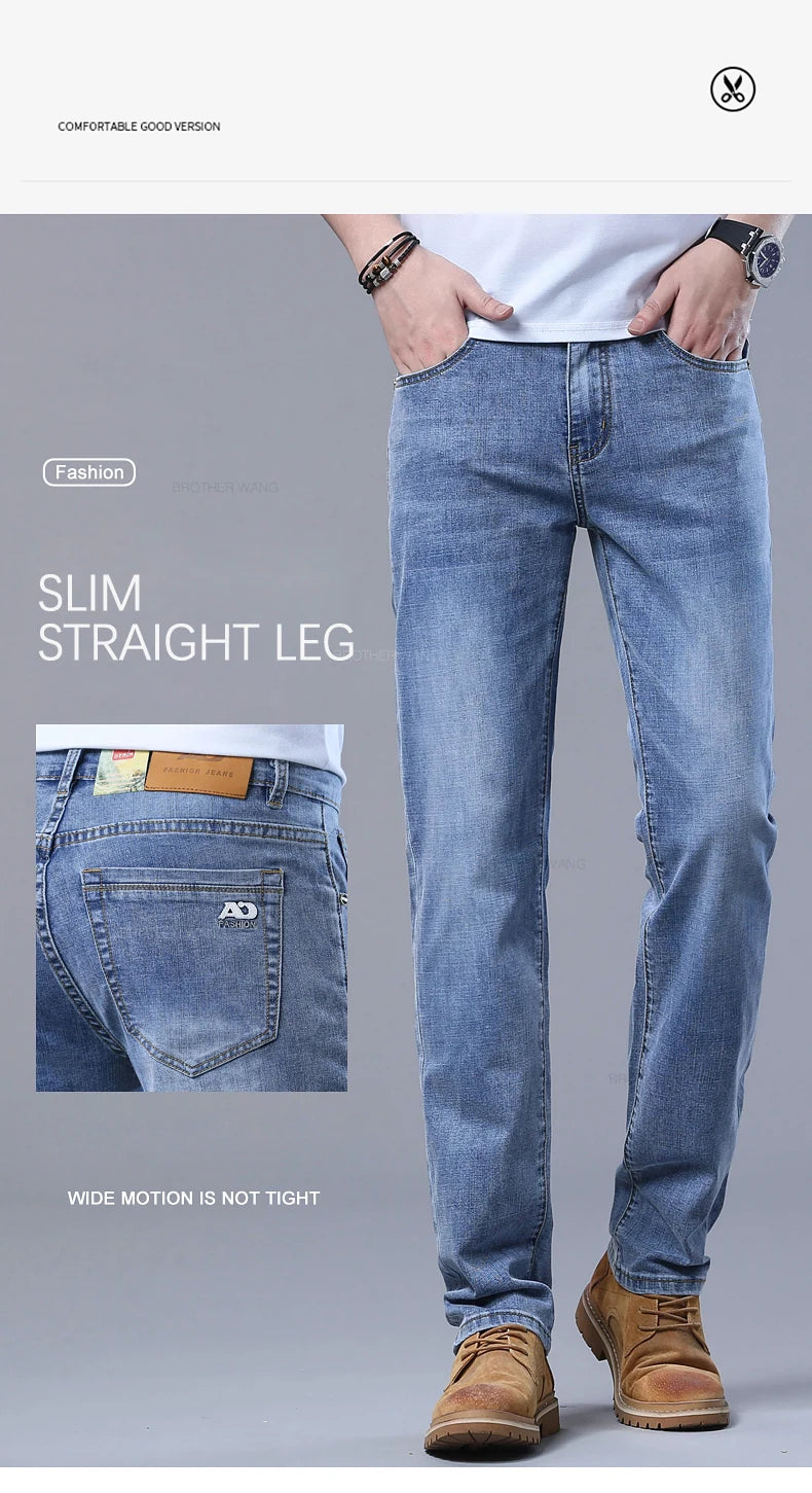 Spring Men's Light Blue Slim Jeans Stylish Casual Stretch Fabric Denim Pants Classic Trousers Smoke Gray - Tasawoq