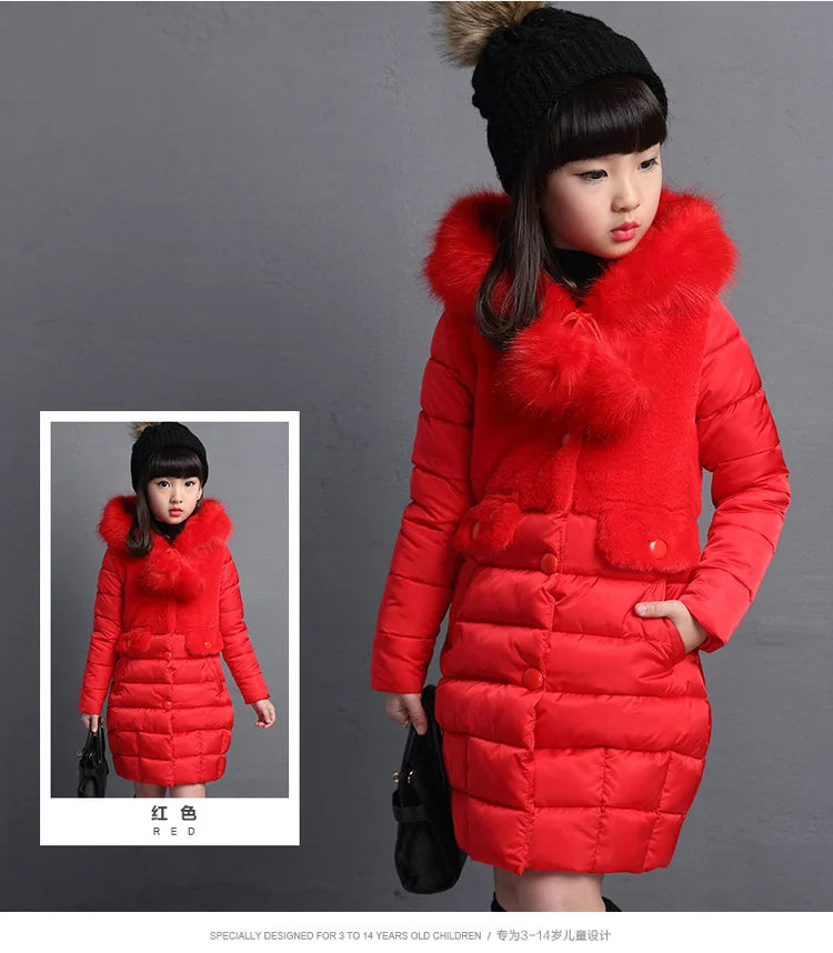 2024 Winter Warm Jackets for Girls Fashion Fur Hooded Children Girls Waterproof Outwear Kids Cotton Lined Parkas - Tasawoq