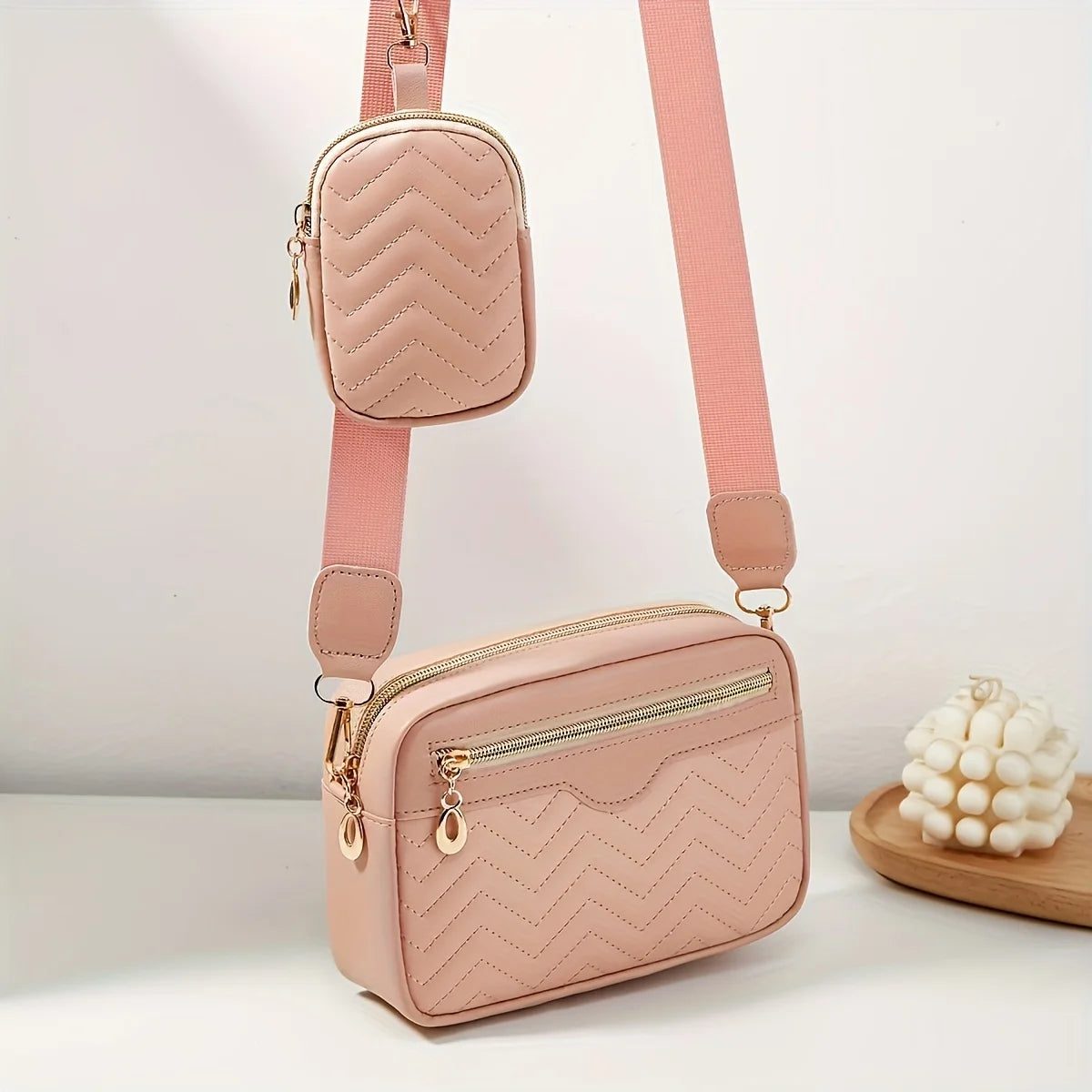 Casual Minimalist Shoulder Square Bag, With Mini Hanging Purse, Quilted Pattern Crossbody Bag For Women Two piece set - Tasawoq