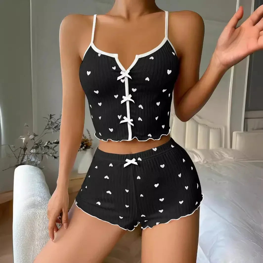 Sleepwear Women Pajamas Set Heart Print Soft Ribbed Fabric with Flirty Frill Trim Casual Cami Top and Shorts Sets Loungewear - Tasawoq