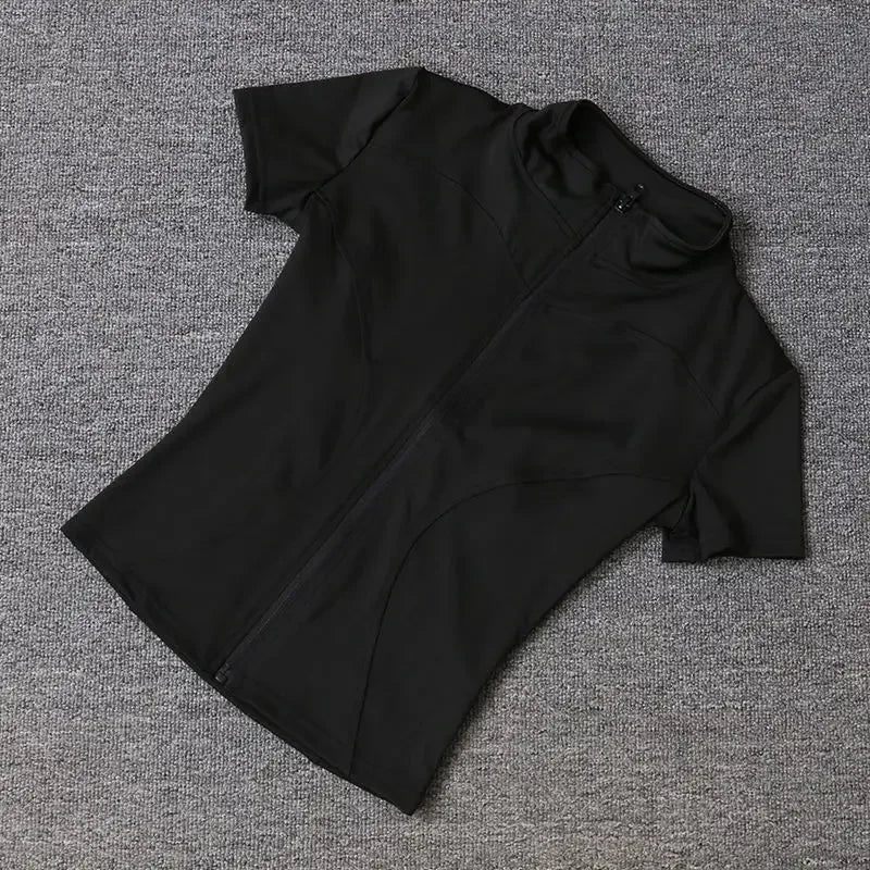 Summer High Quality Waist Slimming Training Tops Women's Quick-drying Tight Stand Collar Full Zipper Short Sleeves Yoga shirts - Tasawoq