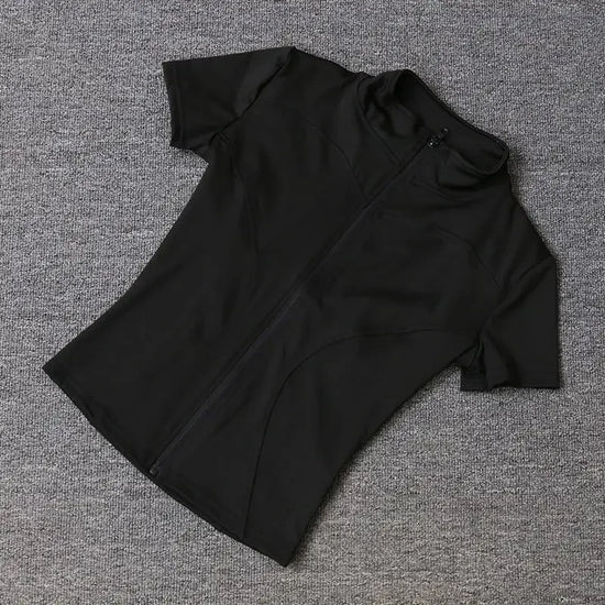 Summer High Quality Waist Slimming Training Tops Women's Quick-drying Tight Stand Collar Full Zipper Short Sleeves Yoga shirts - Tasawoq