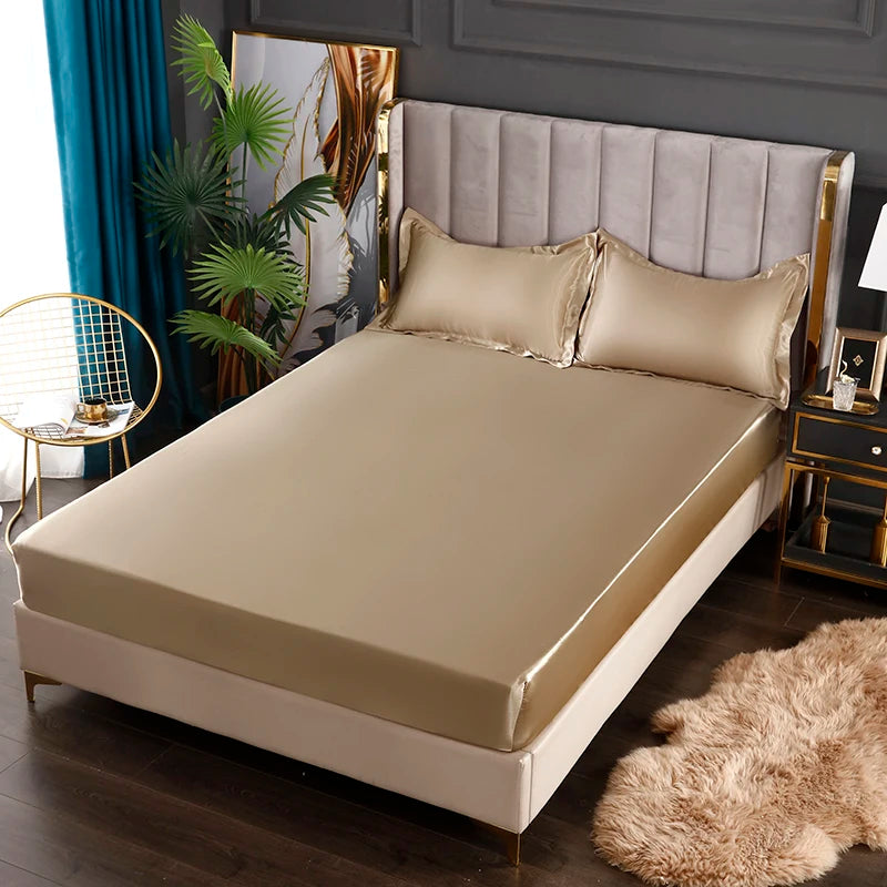 New Satin Fitted Sheet European Style Rayon Mattress Cover Elastic Band Bed Sheet King 140x200 160x200 No Pillowcase Beddings - Tasawoq