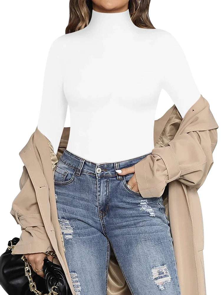 European and American casual women's standing neck solid color bottom top autumn sexy slim fitting long sleeved jumpsuit - Tasawoq