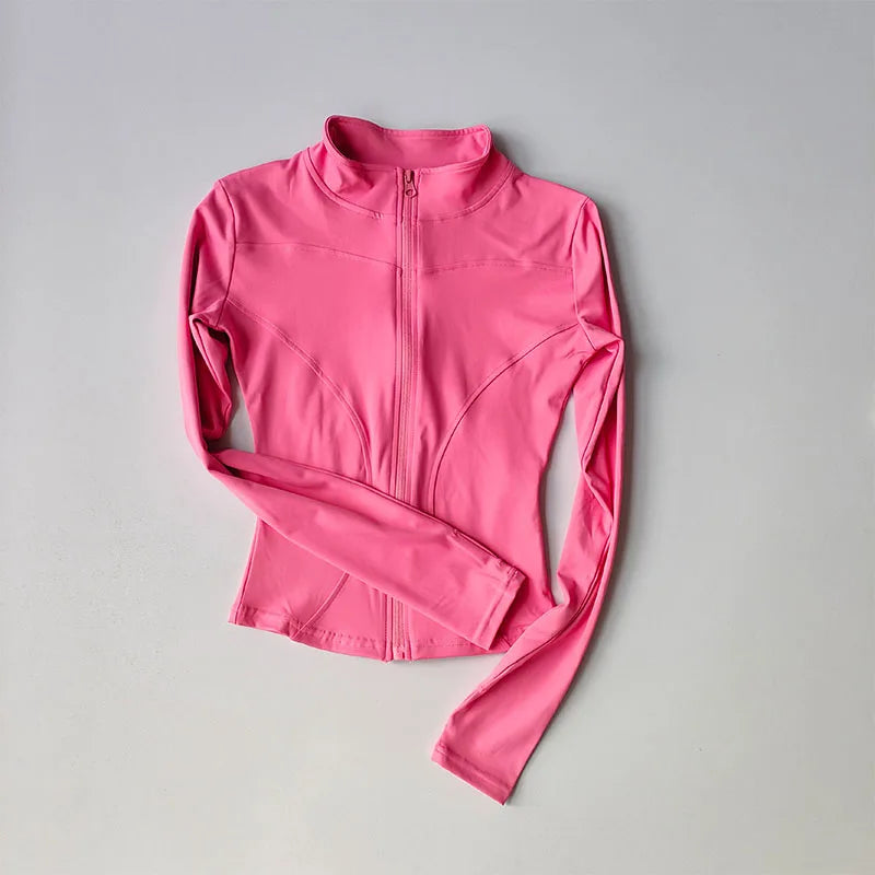 Outdoor Sports Long Sleeved Women Slim Yoga Clothes Quick Dry Zipper Cardigan Stand Up Collar Jacket Running Fitness Jacket Top - Tasawoq