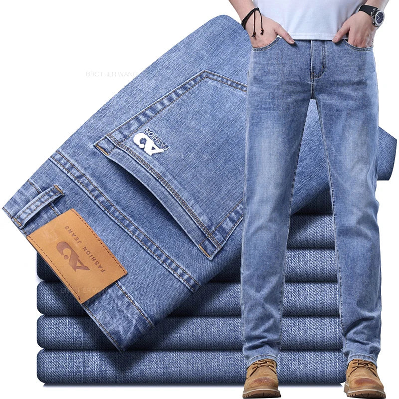 Spring Men's Light Blue Slim Jeans Stylish Casual Stretch Fabric Denim Pants Classic Trousers Smoke Gray - Tasawoq