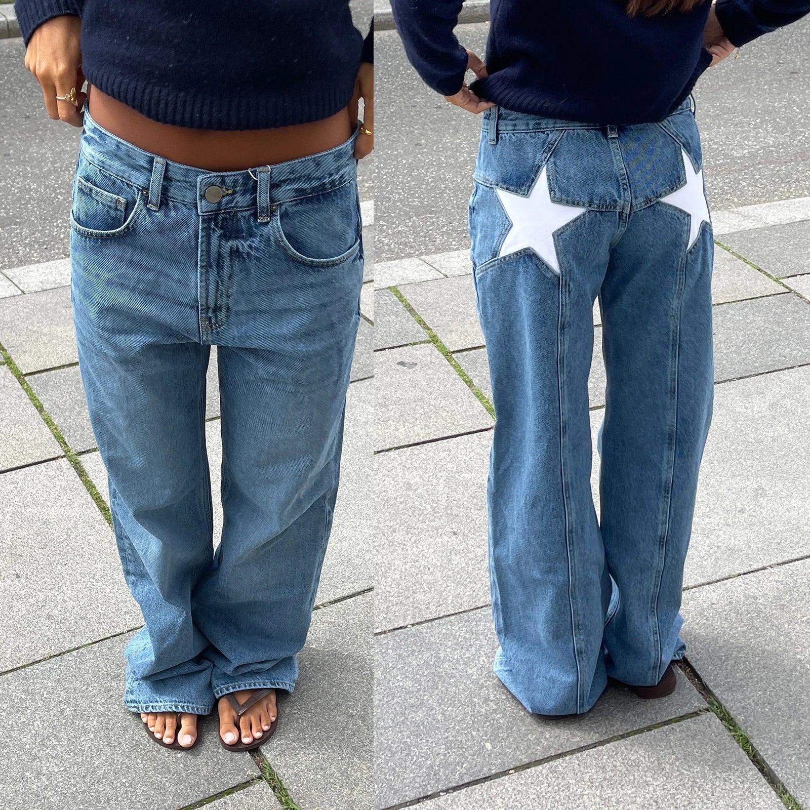 Combhasaki Women's Y2K Vintage Jeans Aesthetic Star Pattern Print Loose Straight Leg Denim Long Pants Casual Low Waist Trousers - Tasawoq