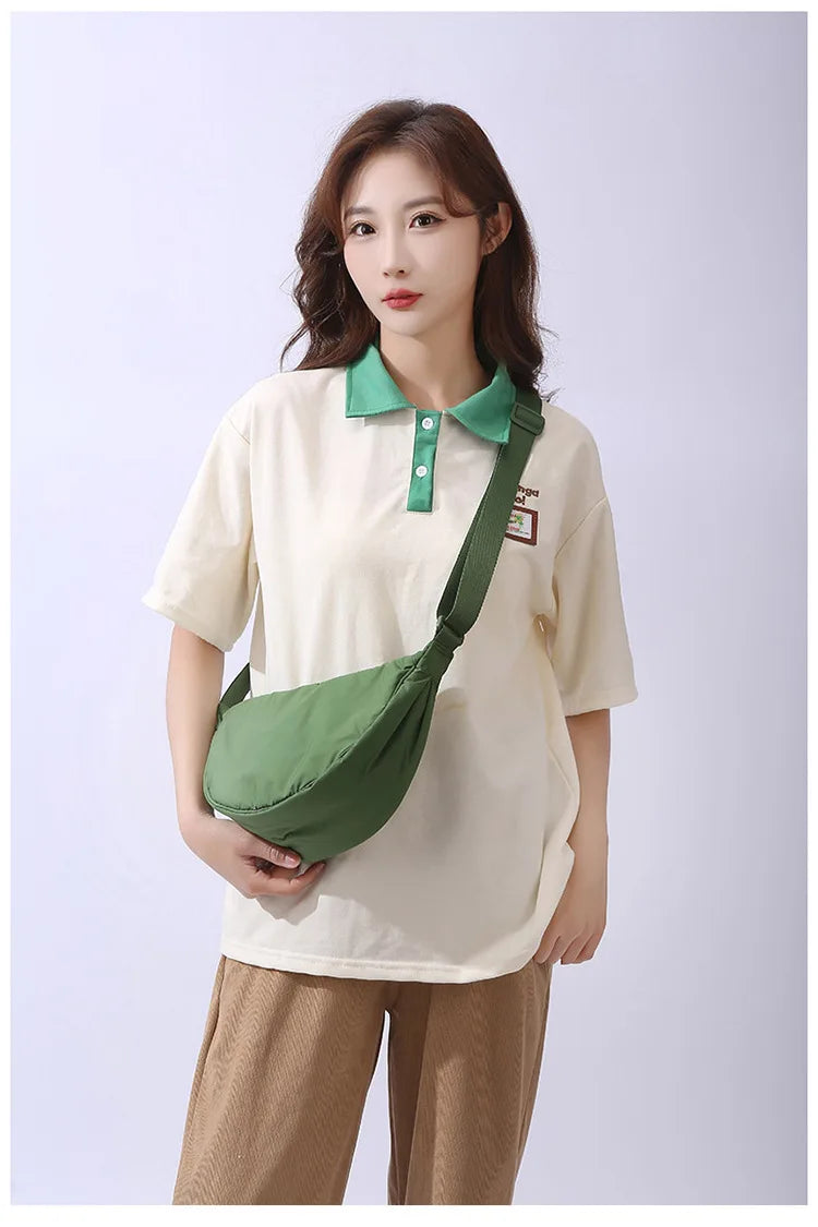 Solid Color Women's Portable Shoulder Bag Simple Female Nylon Cloth Padded Crossbody Bags Travel Purse Handbags Messenger Bag - Tasawoq