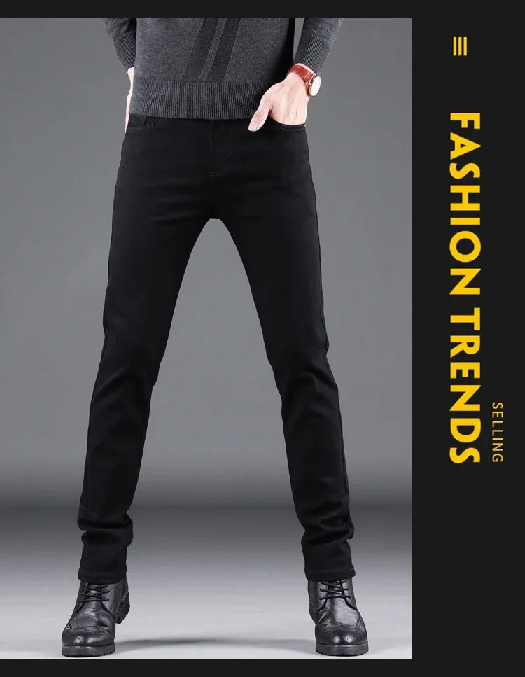 Spring Autumn New Men's Pure Black Slim Jeans Elastic Straight Pants Business Fashion Leisure Korean Vintage Denim Pants Male - Tasawoq
