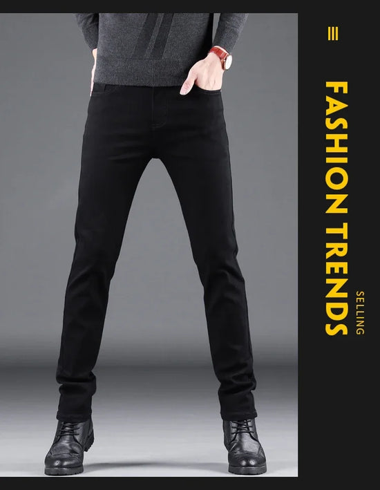 Spring Autumn New Men's Pure Black Slim Jeans Elastic Straight Pants Business Fashion Leisure Korean Vintage Denim Pants Male - Tasawoq
