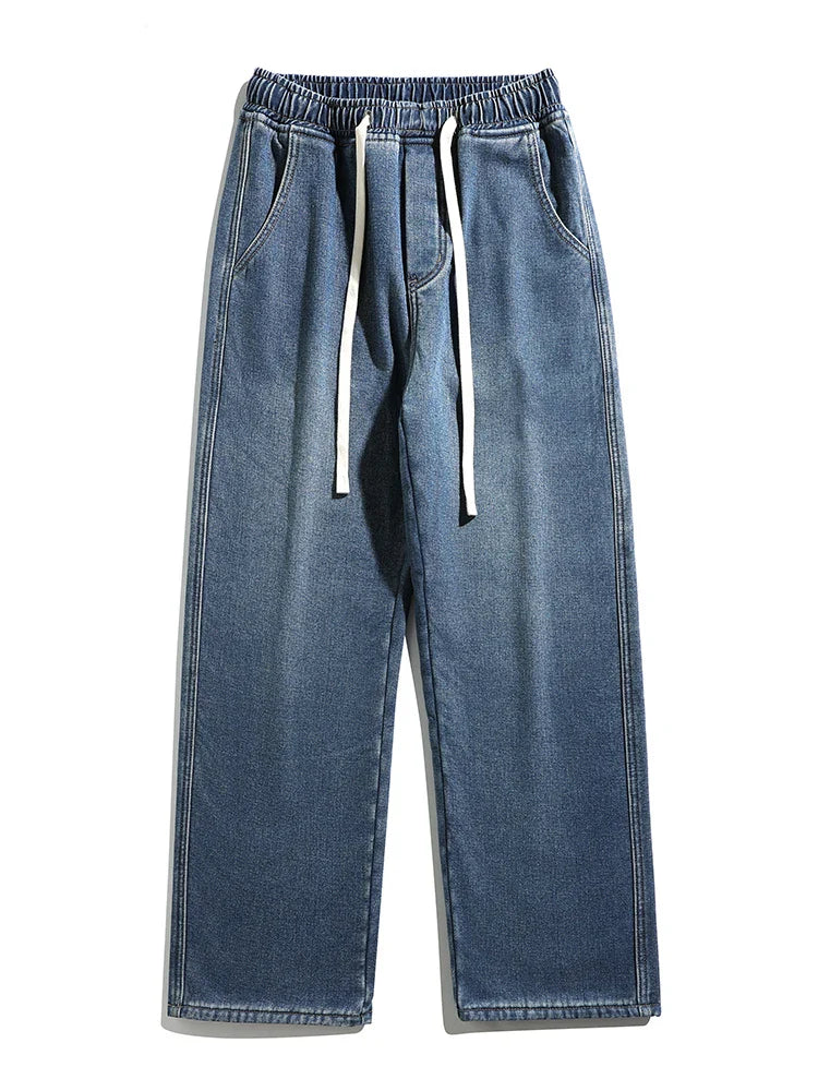 Winter Men's Jeans Korean Fashion Fleece Liner Thick Warm Straight Denim Pants Washed Cotton Retro Blue Wide Leg Jean Trousers - Tasawoq