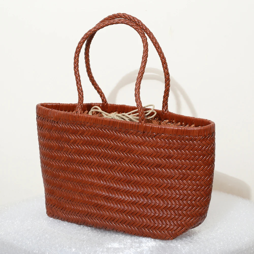 Handbags Women's Genuine Leather Shoulder Bag Weaving Casual Shopping Bag Vintage Big Tote Purse Cowhide Cross Hand Bags Lady - Tasawoq