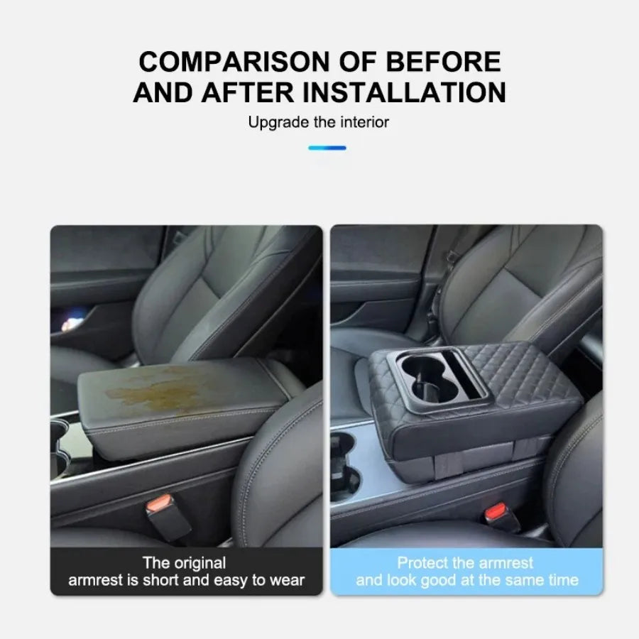 Car Armrest Box Cushion, Auto Center Console Armrest Cushion With 2 Cup Holder PU Leather Armrest Pad Portable Car Amrest Pillow