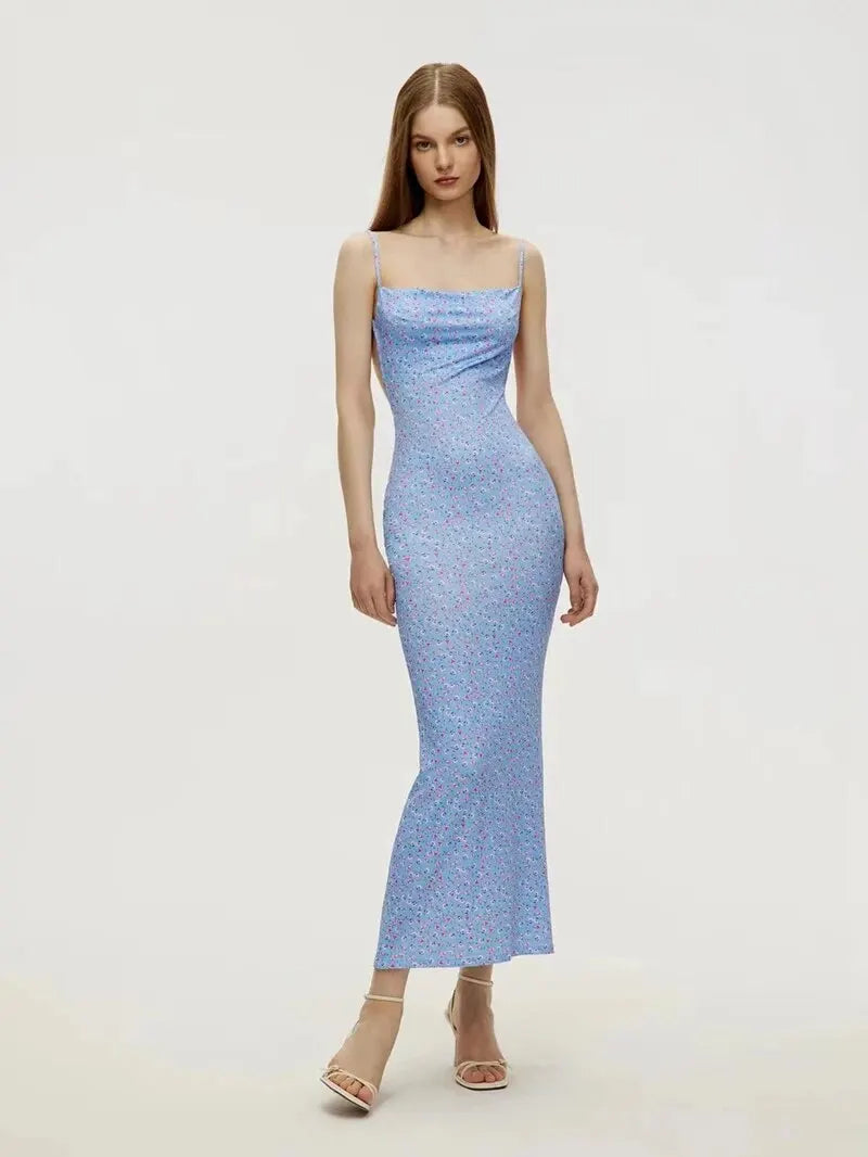 Long Floral Suspender Dress Nsummer Sexy Backless Slimming Beach Dress Fashionable Simple Printed Banquet Women's Clothing - Tasawoq
