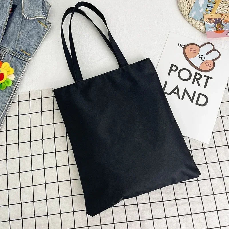 Large Capacity Black White Canvas Shoulder Tote Bag Folding Eco Cotton Handbag Reusable DIY Shoulder Bag Shopping Bag - Tasawoq
