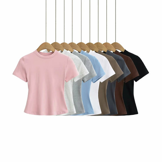 2024 New High Quality Casual T shirt Sexy Slim Short Sleeves Fashion Trend Solid Women Clothing y2k Tops - Tasawoq