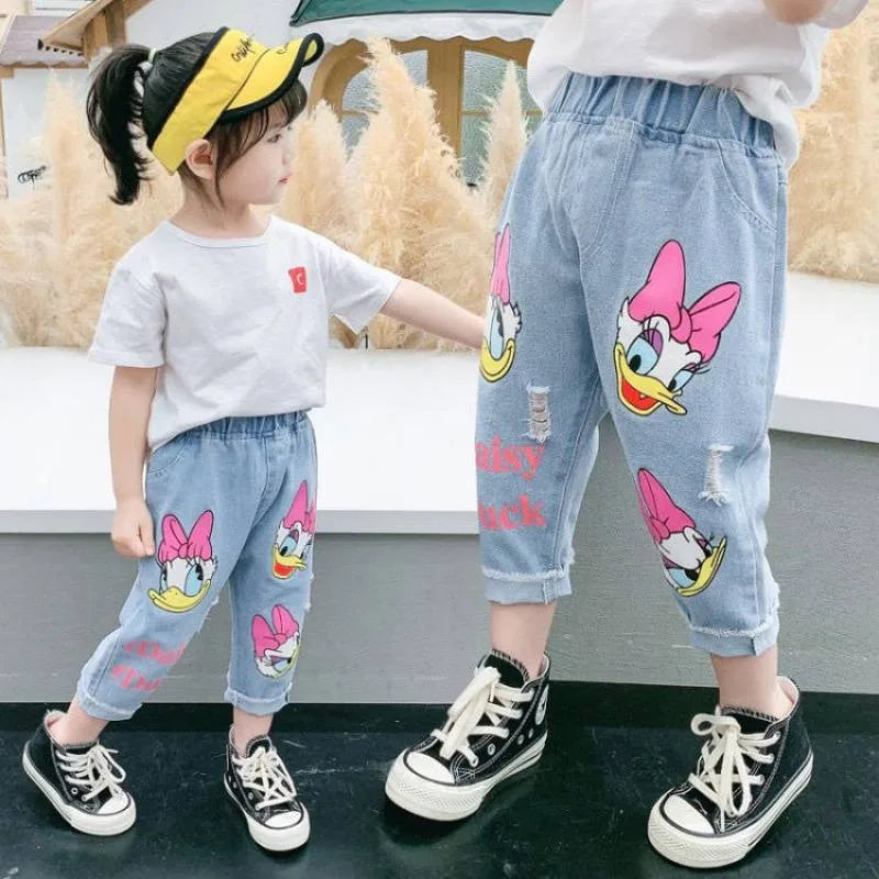 Spring Summer Children Cartoon Daisy Jeans Thin Baby Girls Loose Denim Pants Kids Fashion Casual Trousers for 2-6 Years - Tasawoq