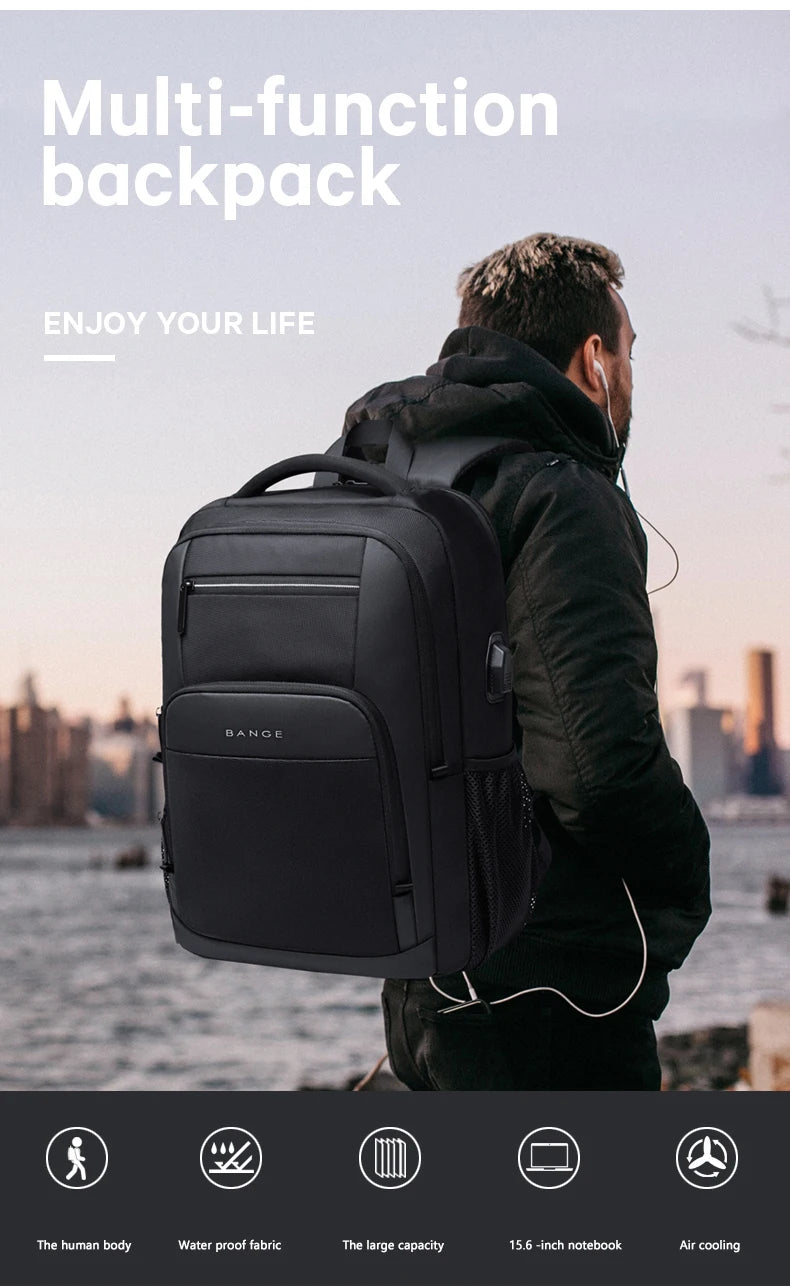 BANGE Travel Waterproof Backpack with USB Charging Port Fit 15.6 Inch Laptop Backpacks for Men and Women, Teenager School Bags - Tasawoq