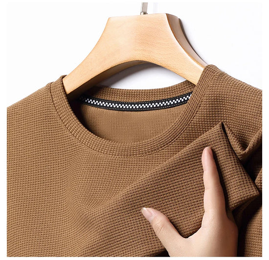 New Summer Waffle Round Neck Short Sleeved T-shirt for Men's Short Sleeved Top - Tasawoq