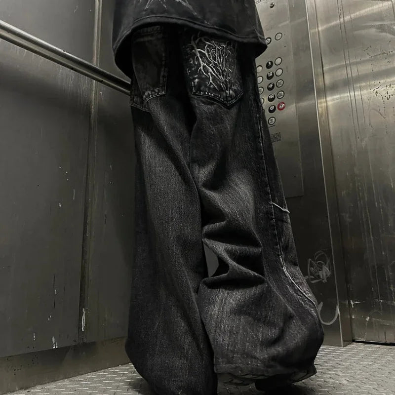 Gothic Retro Oversized Baggy Fit Unisex Mopping Pants Y2K Phantom Jeans High Street Spider Embroidered Patch Hip Hop Streetwear - Tasawoq