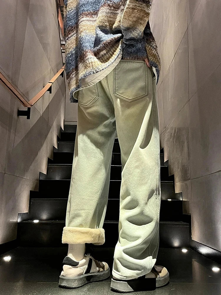 Winter Men's Jeans Korean Fashion Fleece Liner Thick Warm Straight Denim Pants Washed Cotton Retro Blue Wide Leg Jean Trousers - Tasawoq