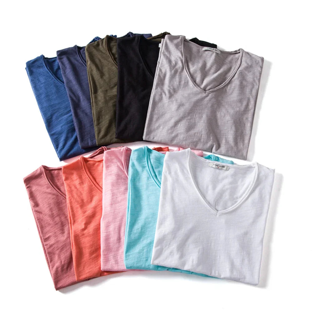 AIOPESON 100% Cotton Men T-shirt V-neck Fashion Design Slim Fit Soild T-shirts Male Tops Tees Short Sleeve T Shirt For Men - Tasawoq