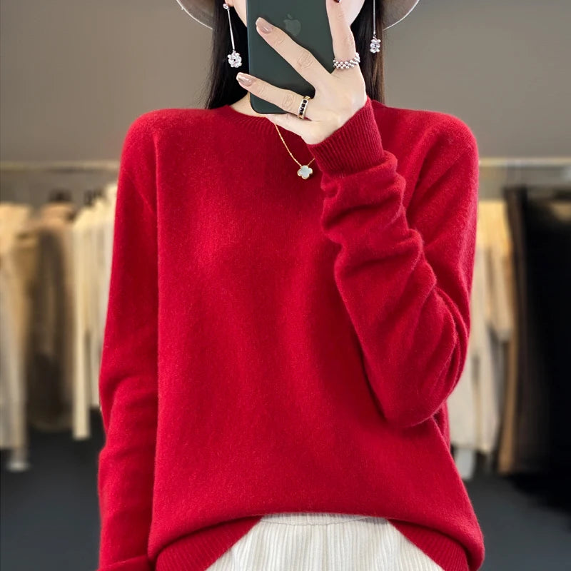 Women's 100% Beautiful Wool Round Neck Top Fashion Versatile Knitted Loose Long Sleeve Pullover Thin Sweater Yuan Ling - Tasawoq