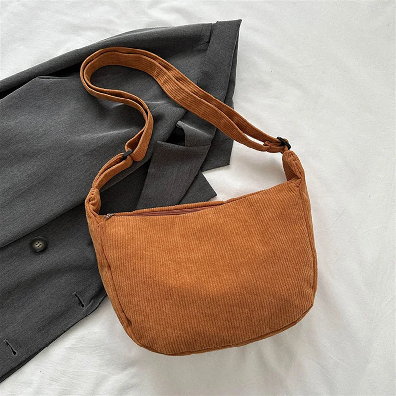 Corduroy Shoulder Bag Minimalist Crossbody Bag Women's Handbags Fashion Fabric Underarm Bag Solid Color Zipper Female Handbag - Tasawoq