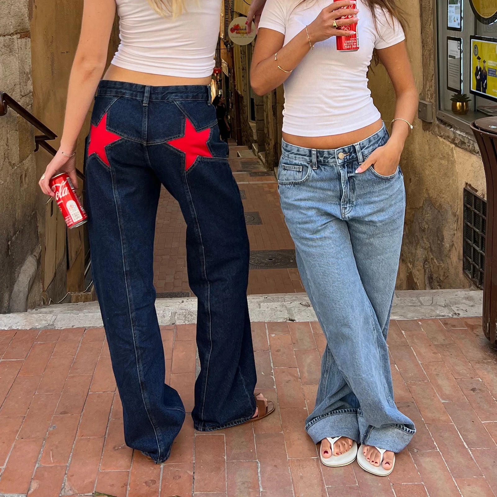 Combhasaki Women's Y2K Vintage Jeans Aesthetic Star Pattern Print Loose Straight Leg Denim Long Pants Casual Low Waist Trousers - Tasawoq
