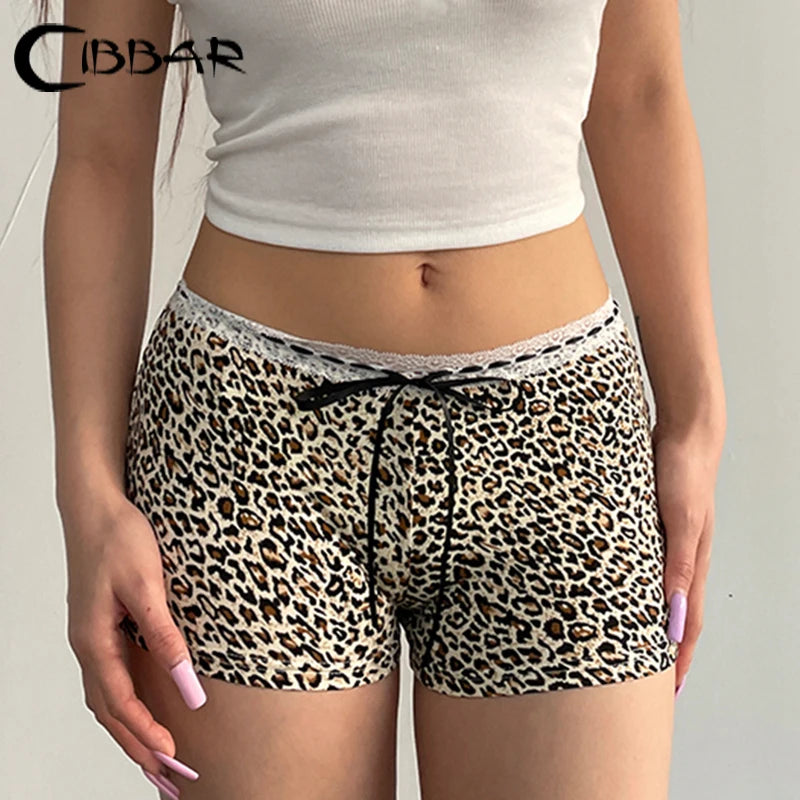 CIBBAR Hot Sexy Leopard Print Shorts Streetwear y2k Lace Patchwork Bow Low Rise Skinny Short Pants Women Vintage 2000s Clothing - Tasawoq
