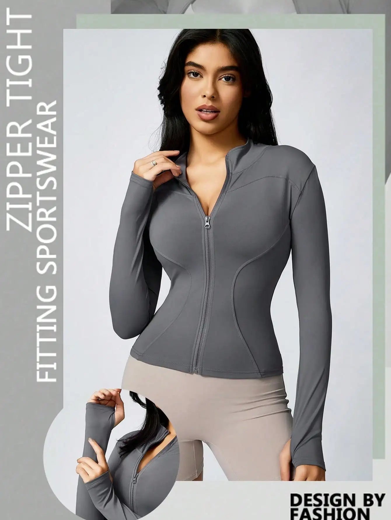 Women's Solid Color Zipper Turtleneck Sports Jacket, Long-Sleeved Sports Top, Gym Wear, Ladies' Sportswear for Indoor and Outdoo - Tasawoq