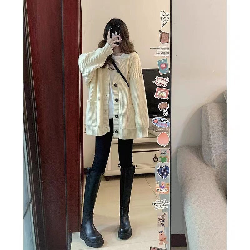 Autumn Winter Women Cardigan Sweater Coats Fashion Female Long Sleeve V-neck Loose Knitted Jackets Casual Sweater Cardigans - Tasawoq