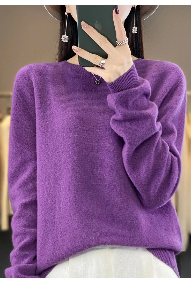 Women's 100% Beautiful Wool Round Neck Top Fashion Versatile Knitted Loose Long Sleeve Pullover Thin Sweater Yuan Ling - Tasawoq