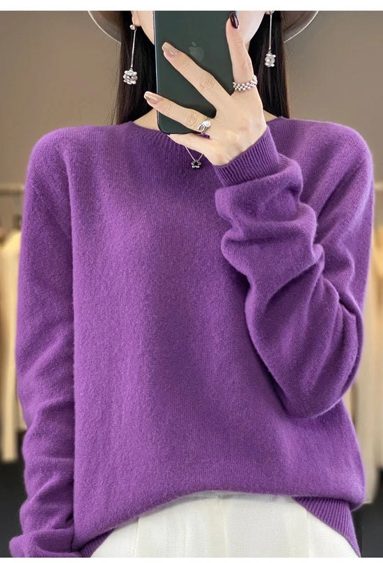 Women's 100% Beautiful Wool Round Neck Top Fashion Versatile Knitted Loose Long Sleeve Pullover Thin Sweater Yuan Ling - Tasawoq