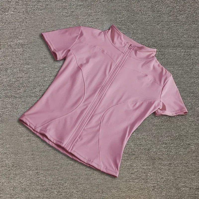 Summer High Quality Waist Slimming Training Tops Women's Quick-drying Tight Stand Collar Full Zipper Short Sleeves Yoga shirts - Tasawoq