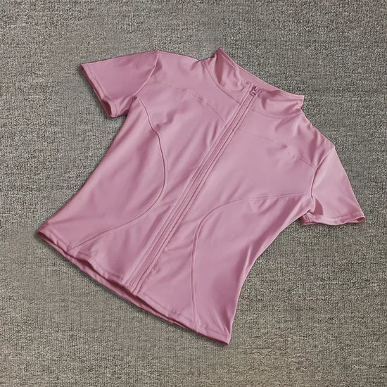 Summer High Quality Waist Slimming Training Tops Women's Quick-drying Tight Stand Collar Full Zipper Short Sleeves Yoga shirts - Tasawoq