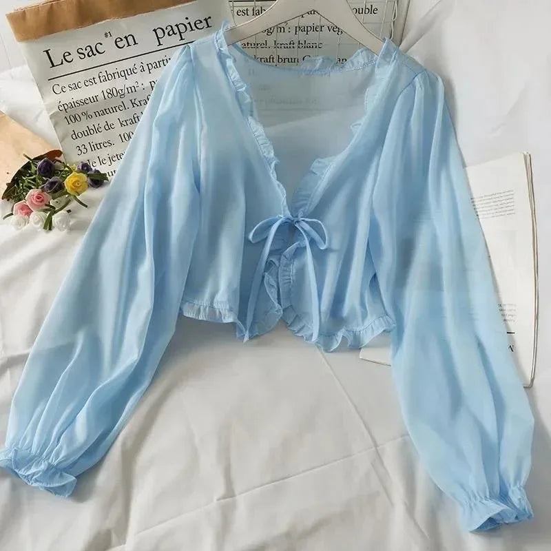 Women Thin Casual Lace Bow Summer Sun Protection Clothes Female Cardigan Shirt Clothing Tops Blouse For Woman - Tasawoq